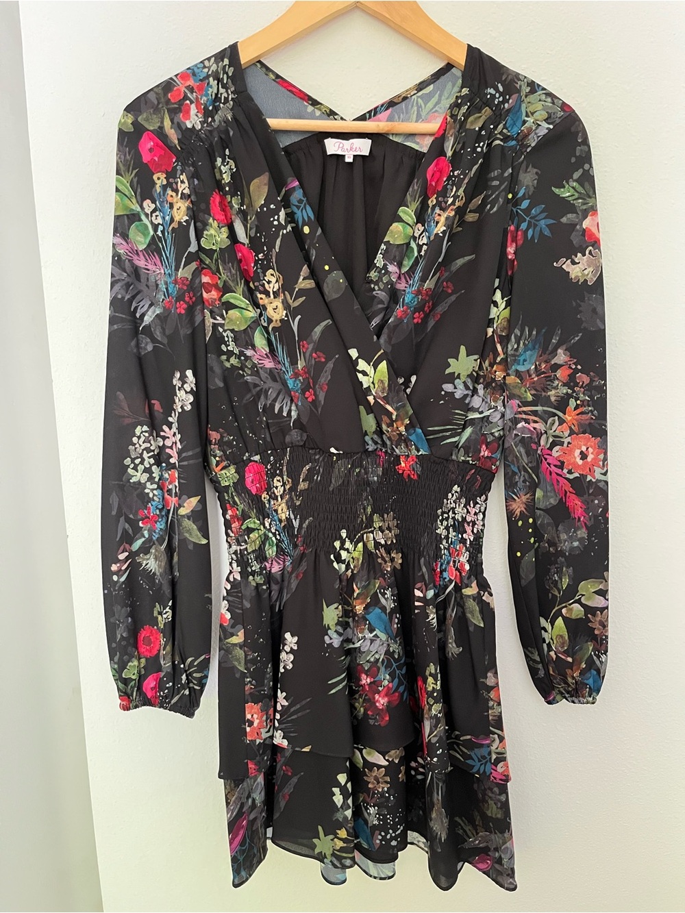 Rails Black Floral Long-Sleeve Smocked-Waist Dress